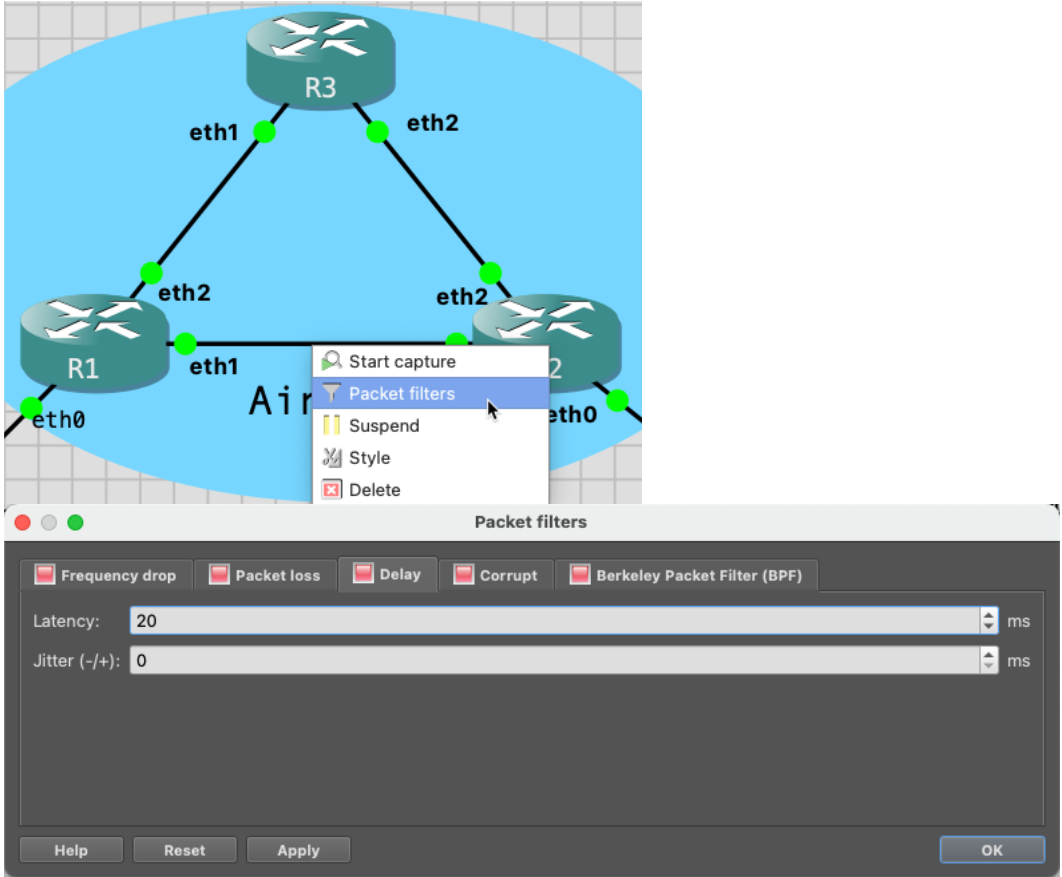 Exemple d’ajout d’un délai de 20 ms sur un lien.