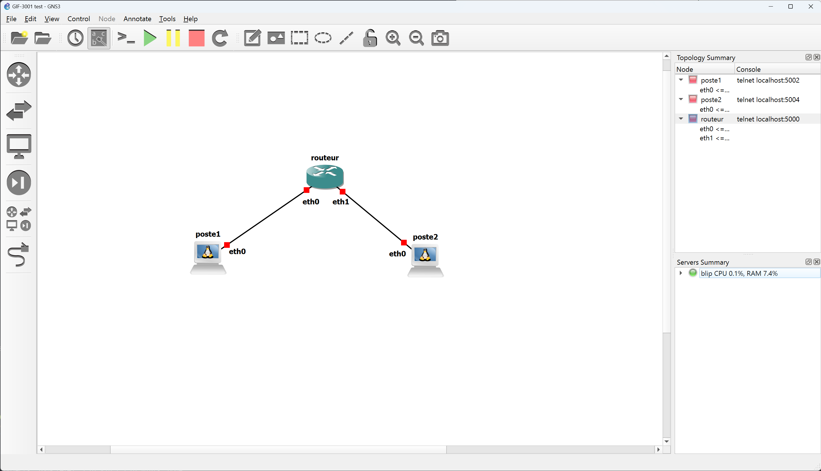Topologie GNS3. Deux postes connectés par un routeur. Le poste 1 est connecté à l'interface \texttteth0 du routeur et le poste 2 est connecté à l'interface \texttteth1.